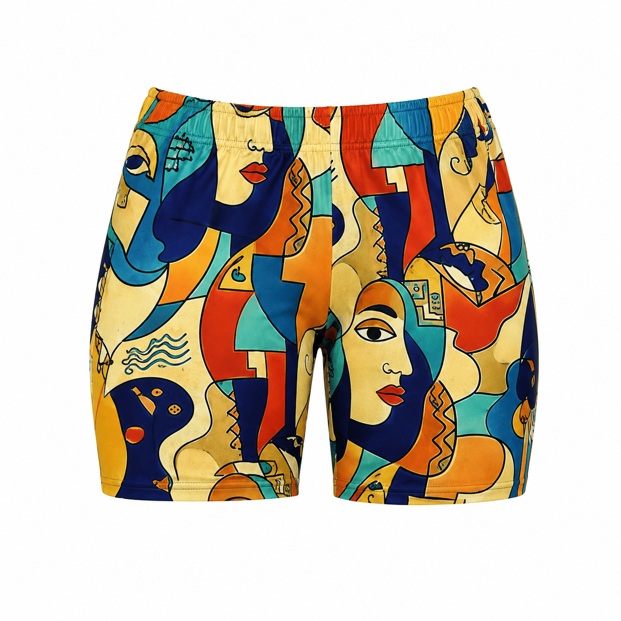Colorful shorts with abstract face design on a white background