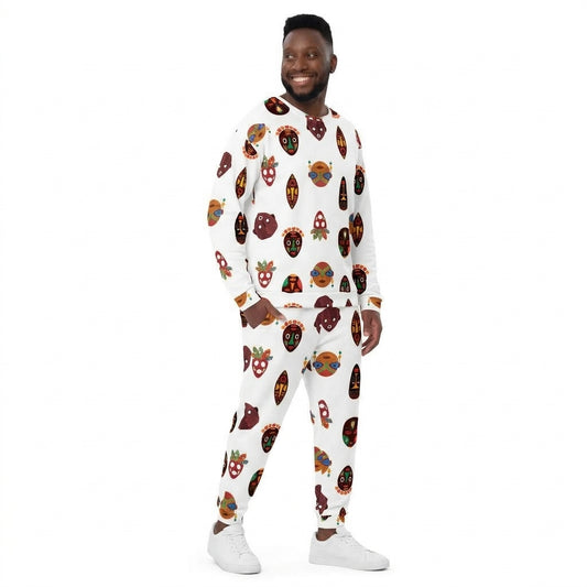 A man modeling a matching white two-piece tracksuit with a colorful retro pattern of tacos, strawberries, and burgers, paired with white sneakers on a solid white background.