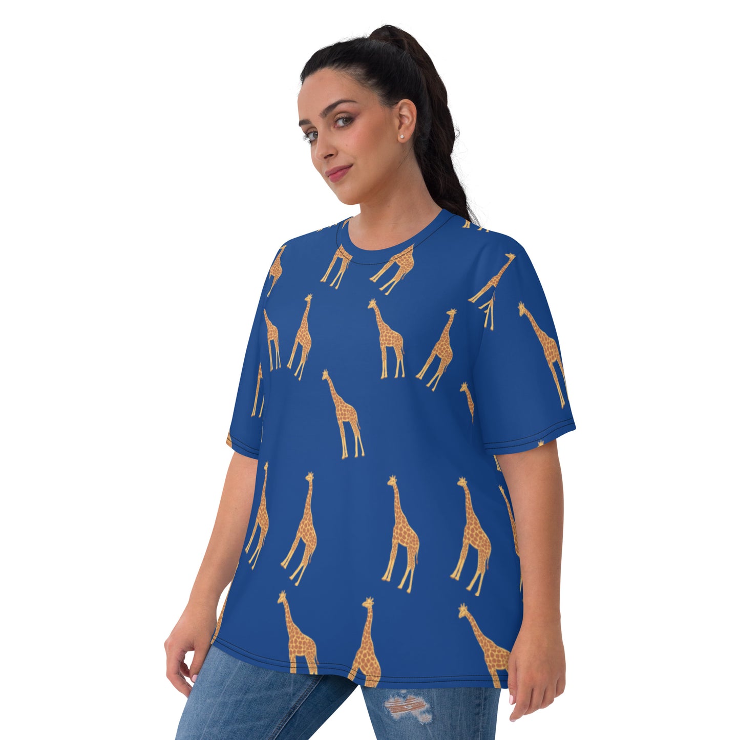 A woman wearing a blue African Print Twiga Tee — Women's All-Over Print Crew Neck Shirt