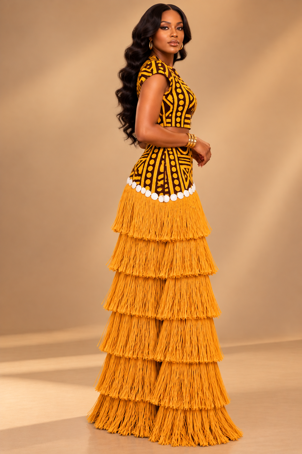 African Print Two-Piece Set Women: Zola Adire Raffia Fringe Skirt and Crop Top