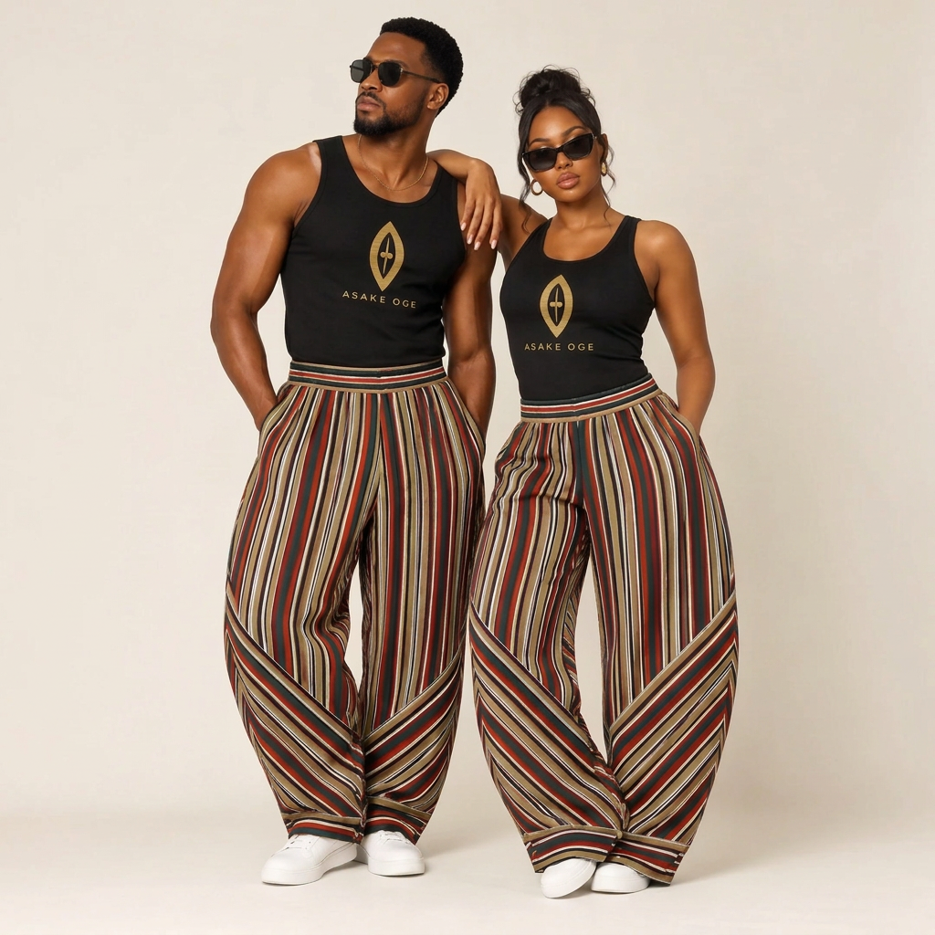 A man and a woman modeling matching outfits consisting of black tank tops with a gold geometric logo and the text 'ASAKE OGE' paired with wide-leg striped pants in beige, brown, red, and black.