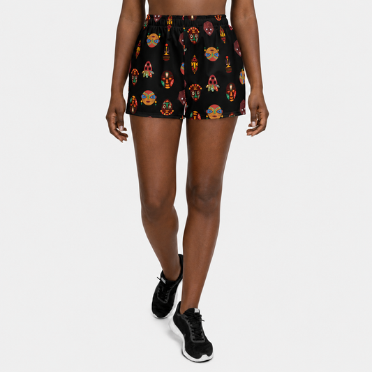 African Print Women's Athletic Shorts : Chi Heritage Mask Motif Recycled Performance Shorts 2.5" Inseam