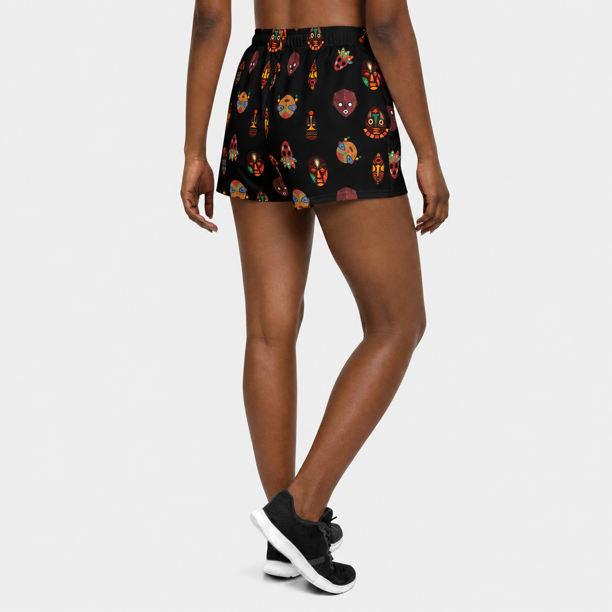 African Print Women's Athletic Shorts : Chi Heritage Mask Motif Recycled Performance Shorts 2.5" Inseam