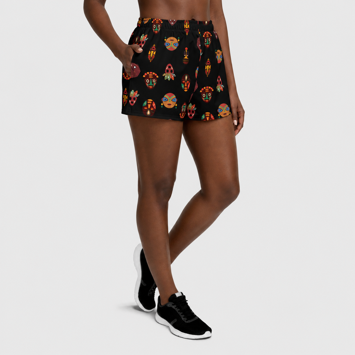 African Print Women's Athletic Shorts : Chi Heritage Mask Motif Recycled Performance Shorts 2.5" Inseam