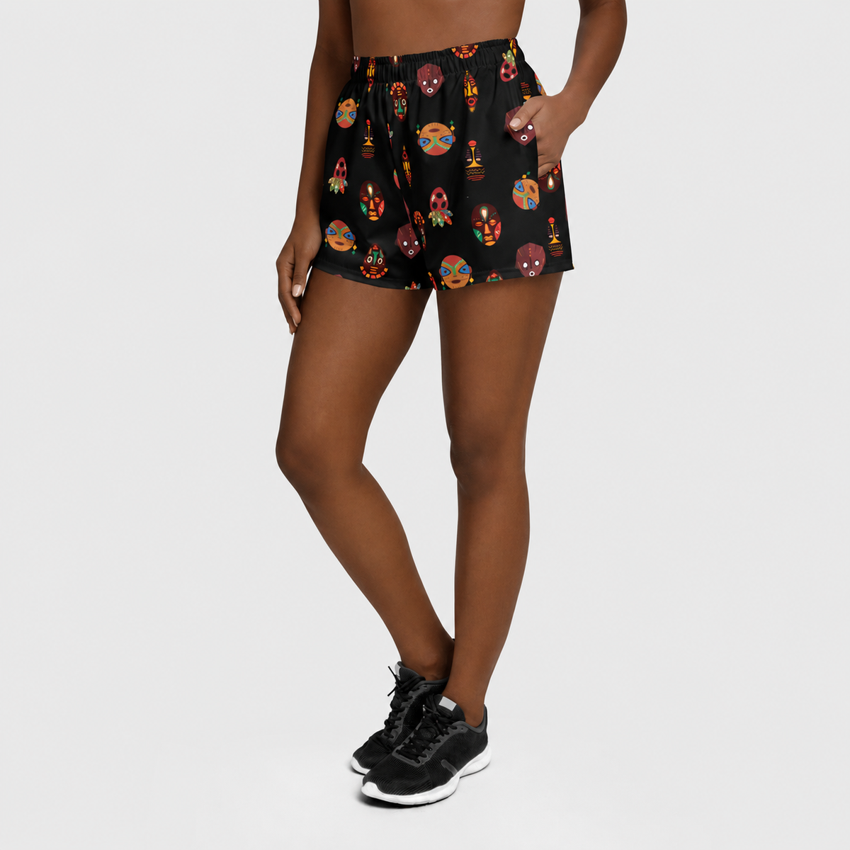 African Print Women's Athletic Shorts : Chi Heritage Mask Motif Recycled Performance Shorts 2.5" Inseam