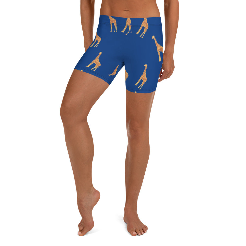 Front view of Twiga Print Shorts highlighting body fitting design and gold giraffe pattern on blue background.