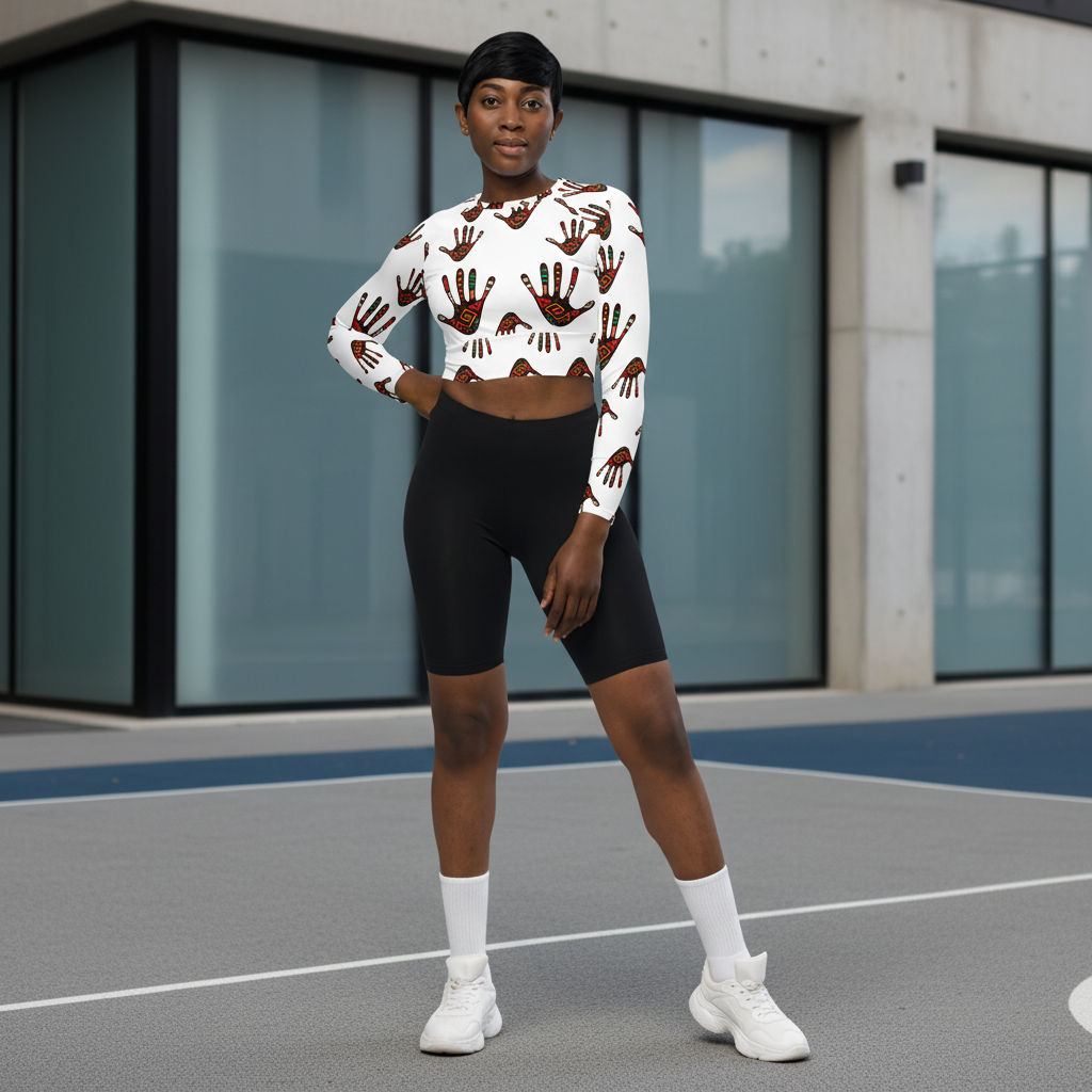 A person stands on an outdoor court wearing a fitted white long-sleeve crop top with a brown handprint pattern, black biker shorts, white socks, and white sneakers. The background shows a modern building with large glass windows.