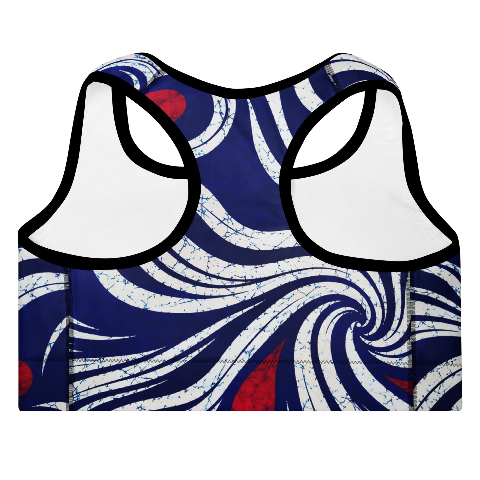 Close-up detail of OMI padded African print sports bra