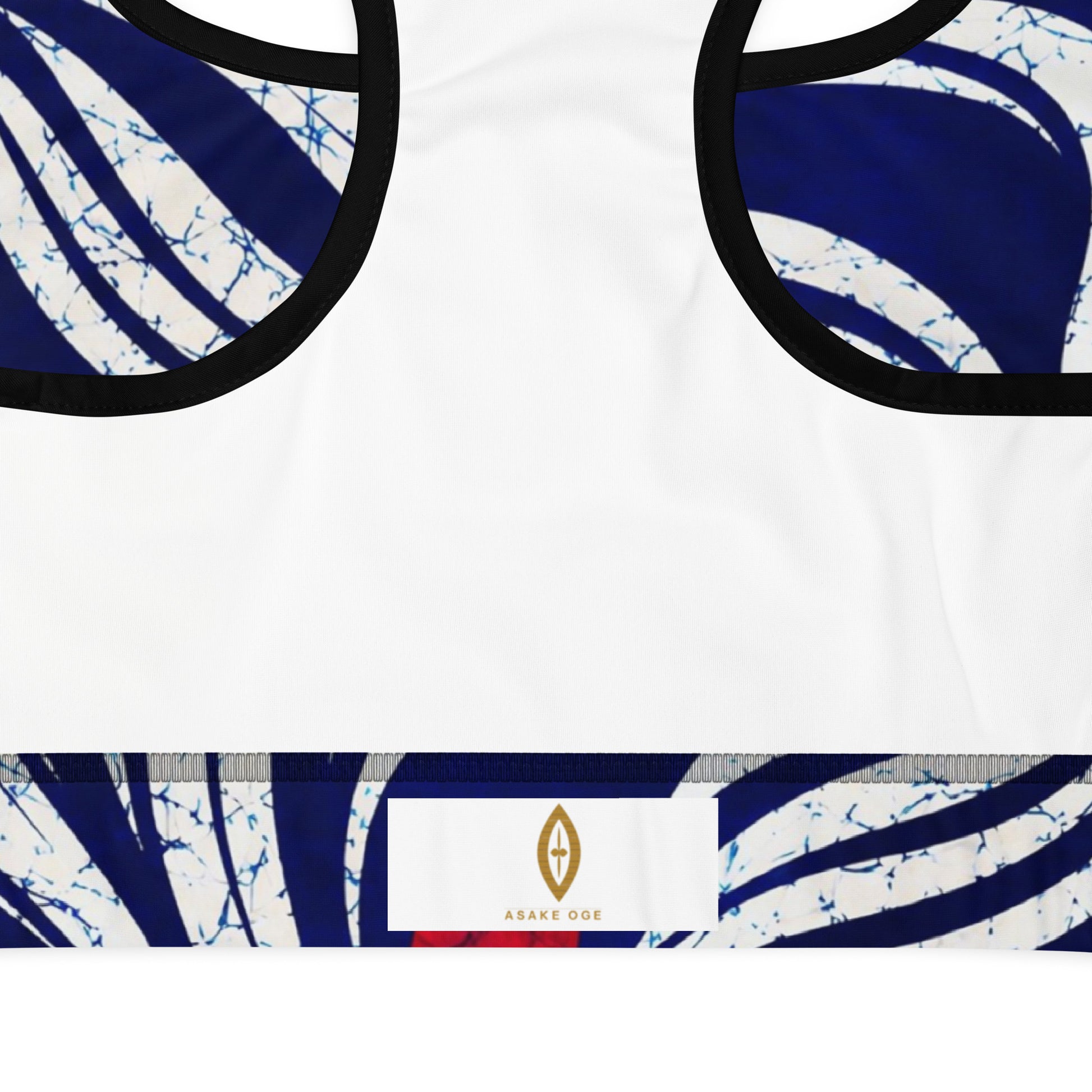 Close-up detail OMI padded African print sports bra 