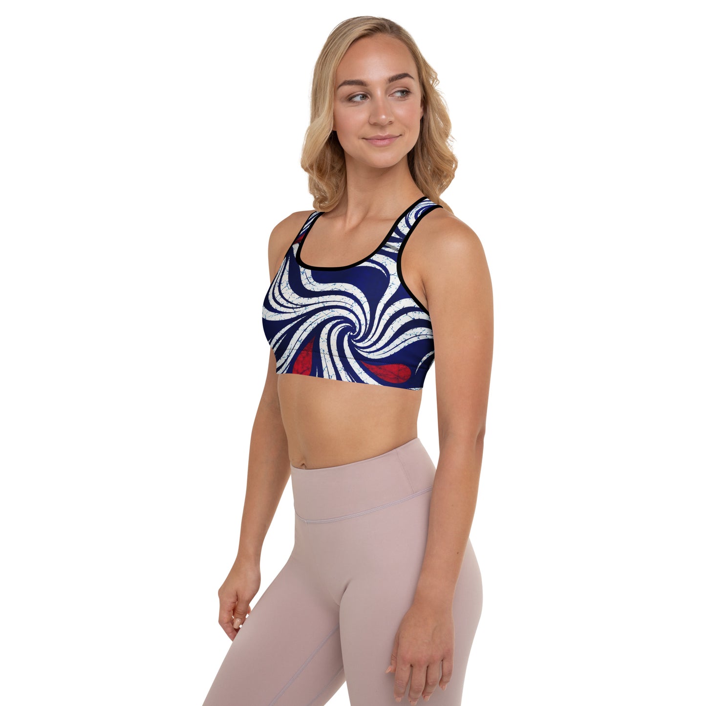  Model wearing OMI padded Asage oge African print sports bra 