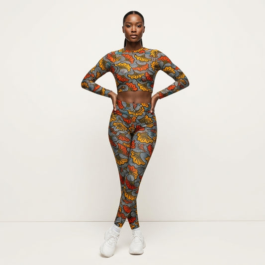 African Print Women's Long Sleeve Crop Top: Adun Bloom Recycled UPF50+ Performance Top