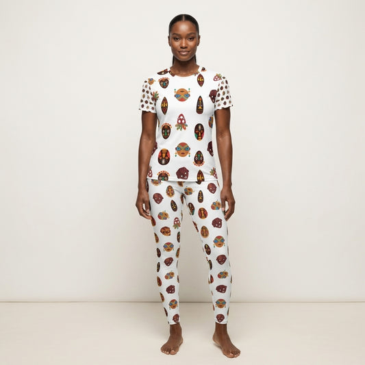 African Print Tribal Mask Women's Crew Neck T-Shirt — Chi Multi-Face Short Sleeve Ankara Tee
