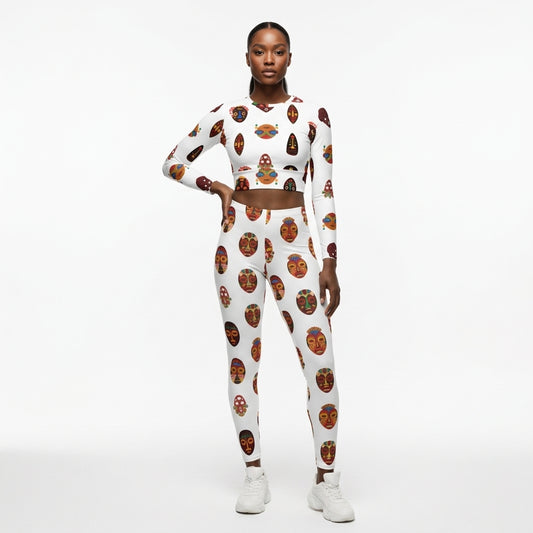 African Print Long Sleeve Crop Top: Chi Mask Motif Recycled Performance Top