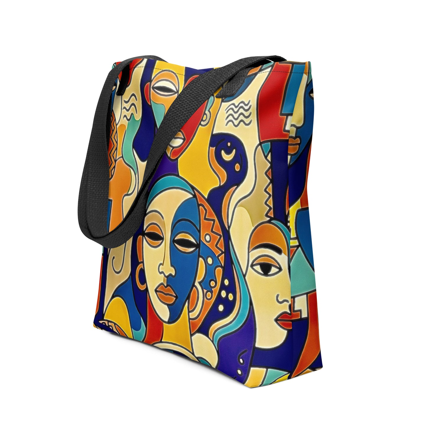 Colorful Asake oge tote bag with abstract face design on a white background