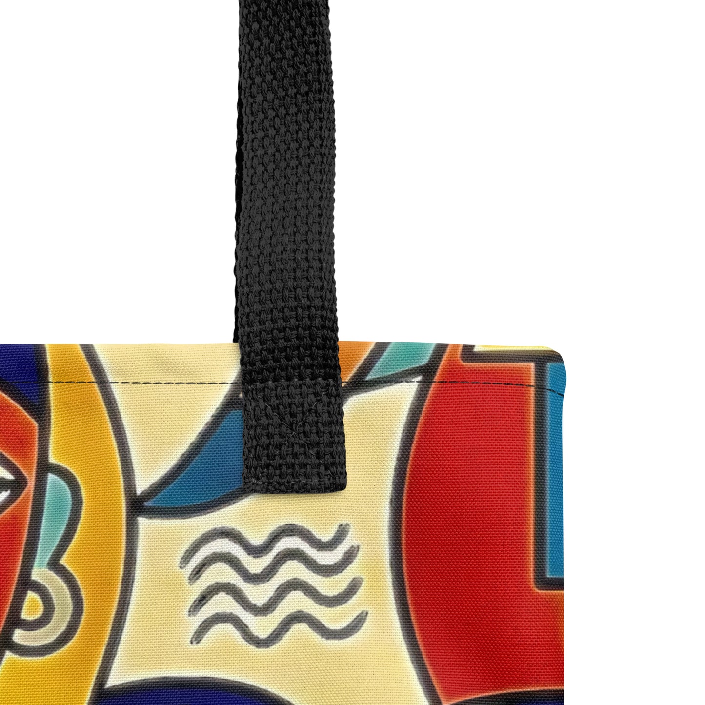 Colorful Asake oge bag with a black strap on a white background