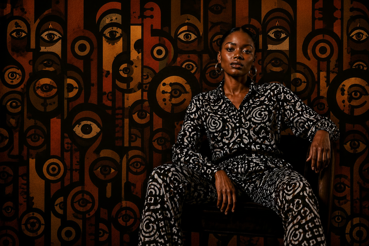 A woman wearing a black and white patterned matching shirt and pants set sits against a dark wall covered in stylized eye illustrations.