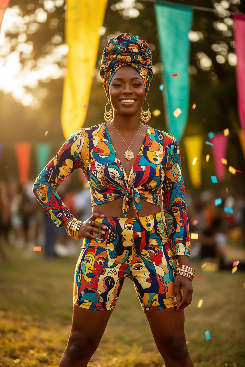 Lifestyle styling image featuring ASAKE-OGE Juneteenth festival shorts and African fashion print