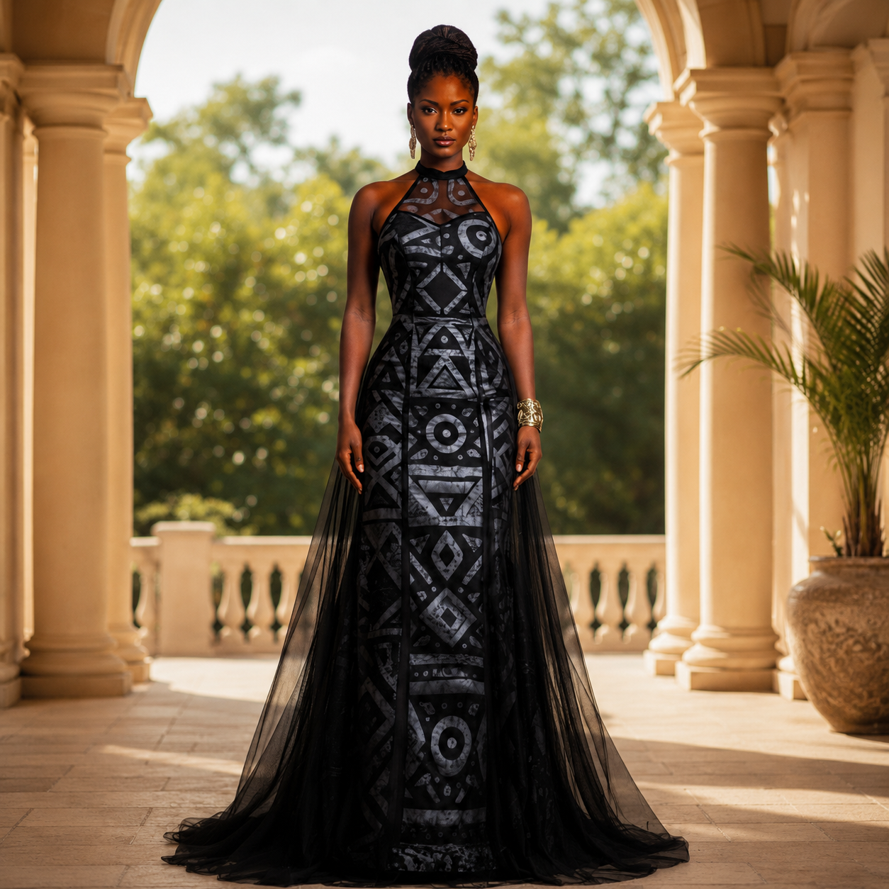 Print Architectural Mesh Couture Gown — Illusion Halter Column Evening Dress| PRE ORDER