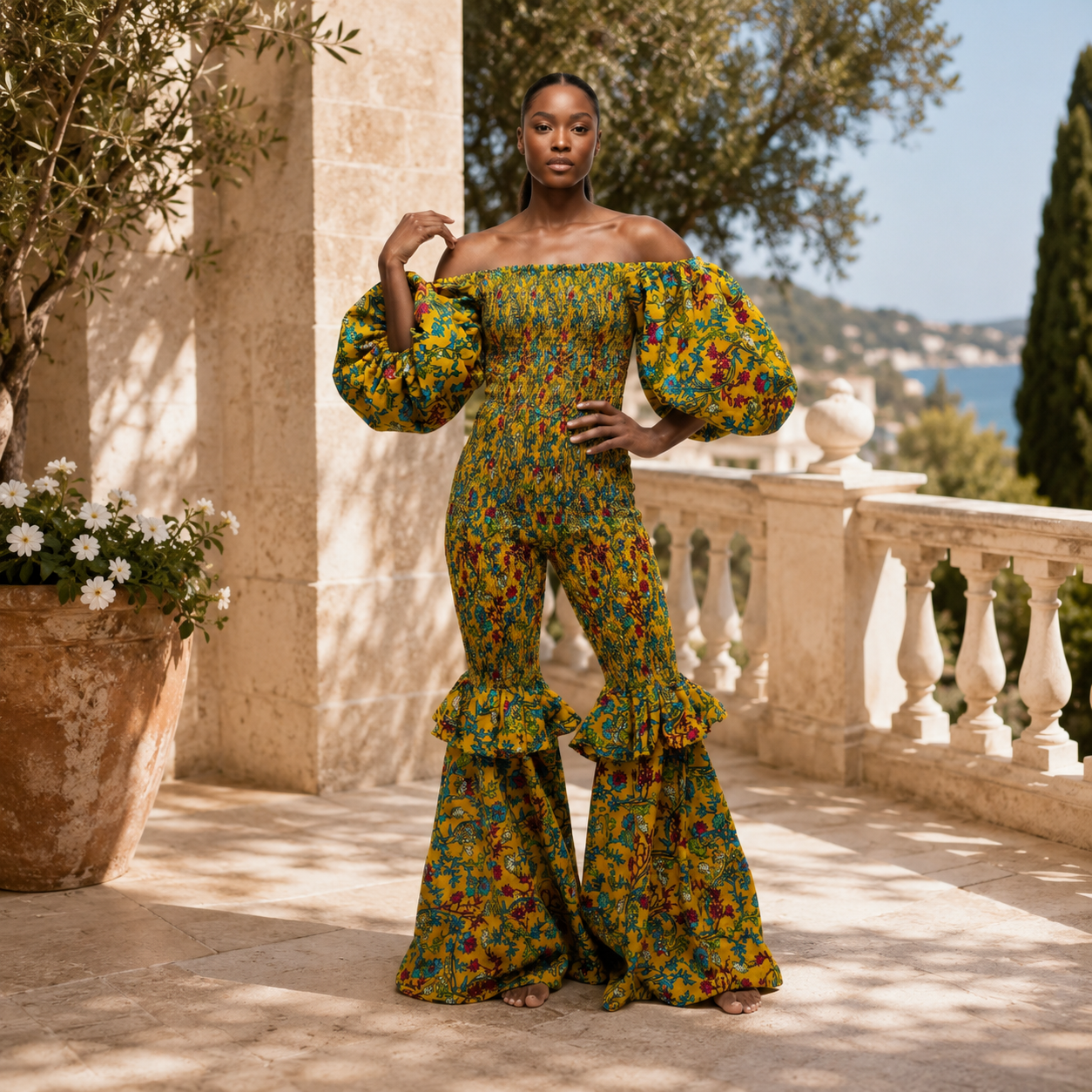 Freda Floral Smocked Bell Bottom Ankara African Print Jumpsuit Dress
