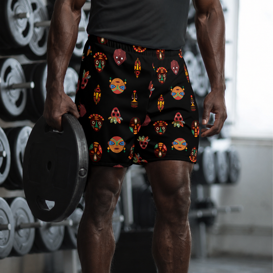 Chi Heritage Mask Motif African Print Recycled Men's Athletic Performance Shorts - 6.5" Inseam