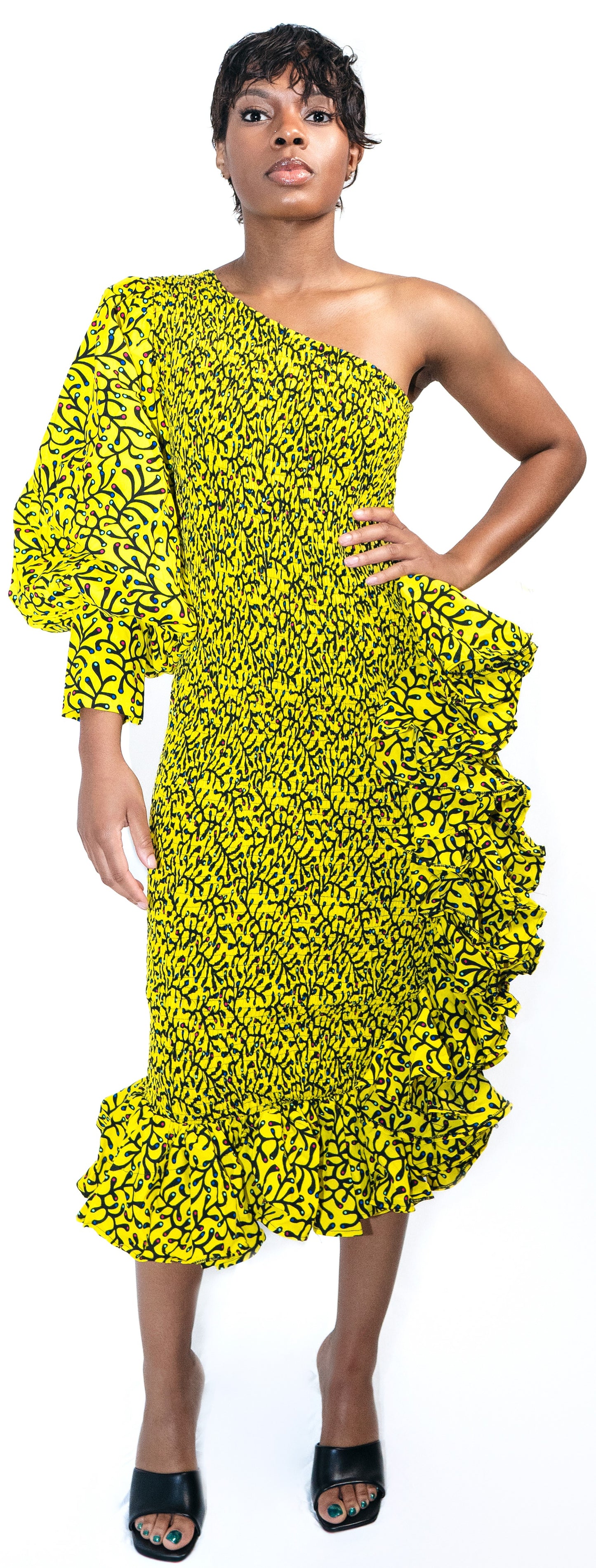 Missy Mono-Sleeve Ruffled Asymmetric Hem Midi Ankara African Print Dress