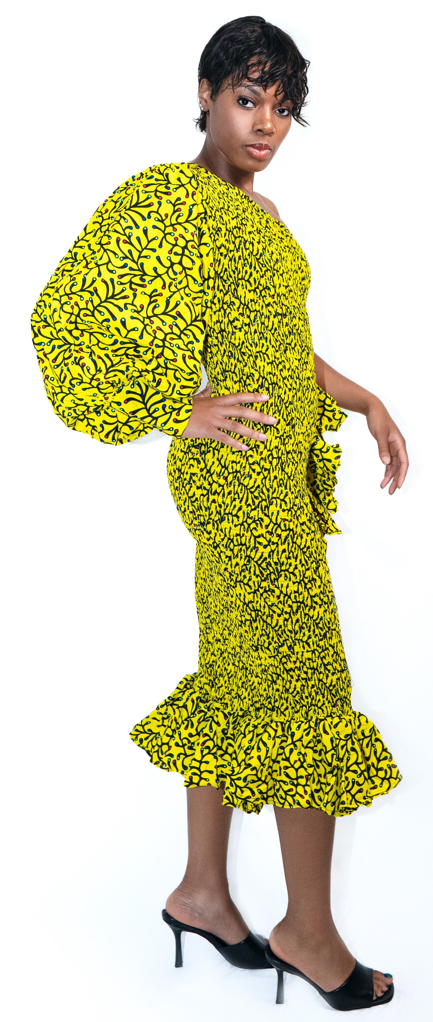 Missy Mono-Sleeve Ruffled Asymmetric Hem Midi Ankara African Print Dress