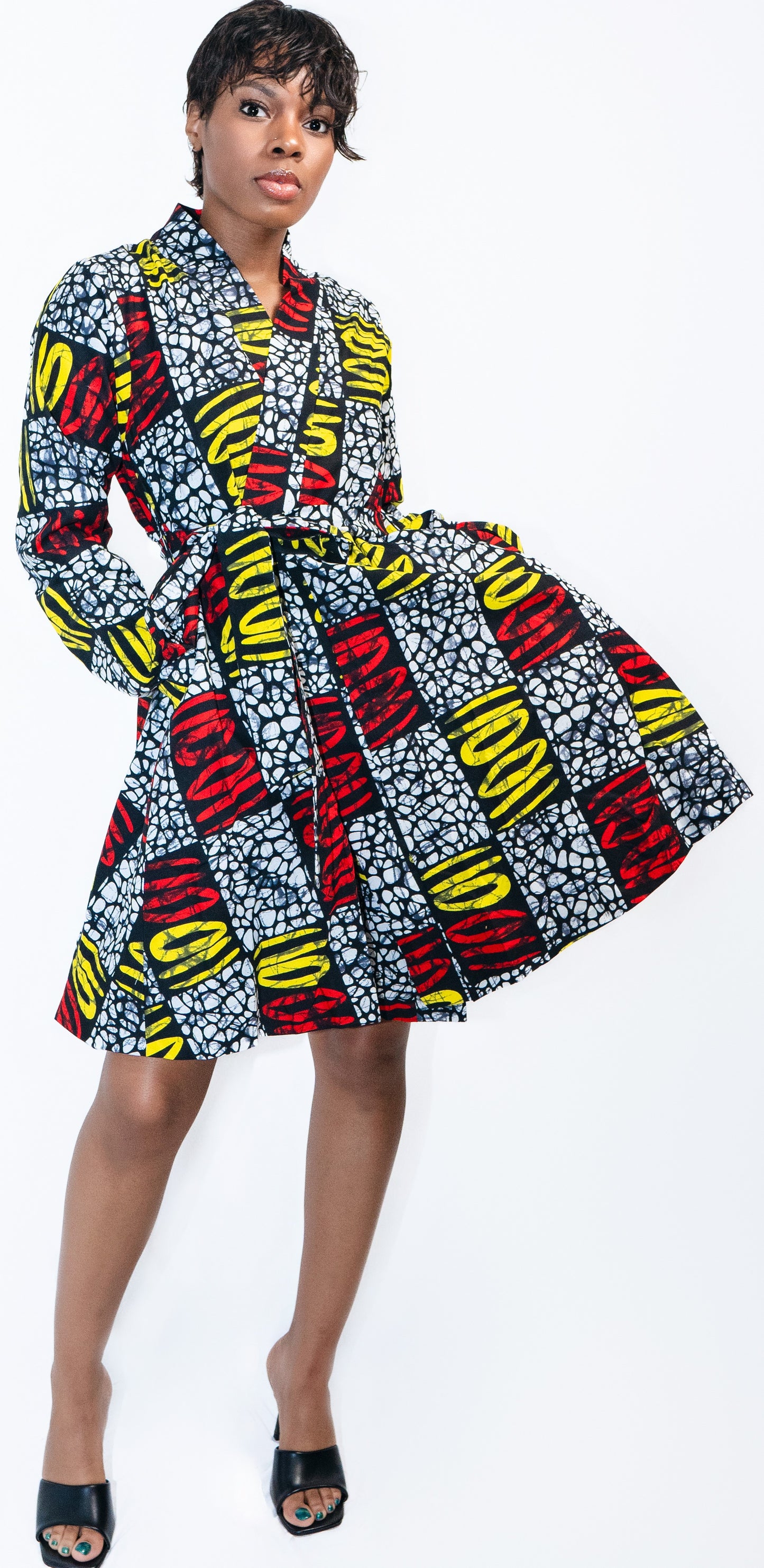 Mona-Mari Long Sleeve Ankara African Print Art Canvas Long Sleeve Wrap Dress