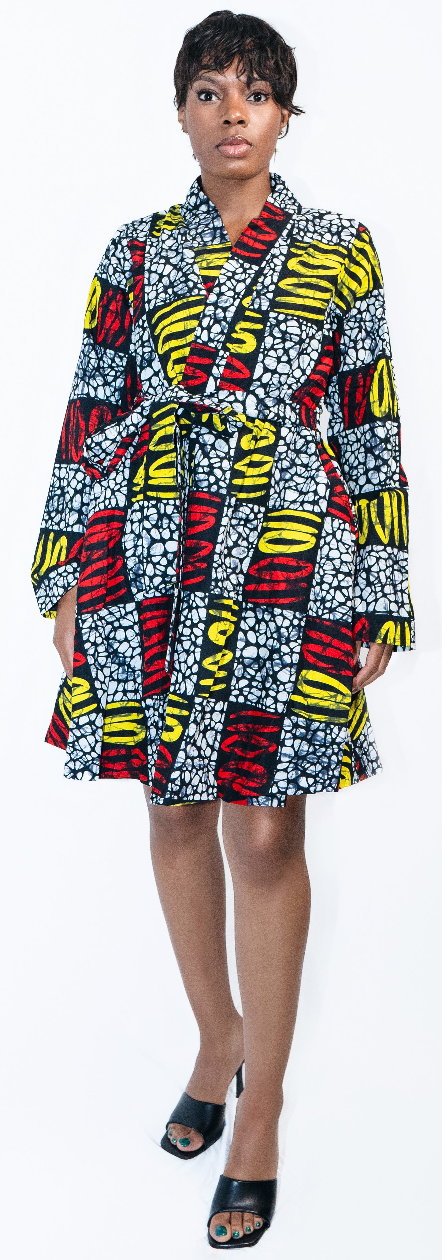 Mona-Mari Long Sleeve Ankara African Print Art Canvas Long Sleeve Wrap Dress