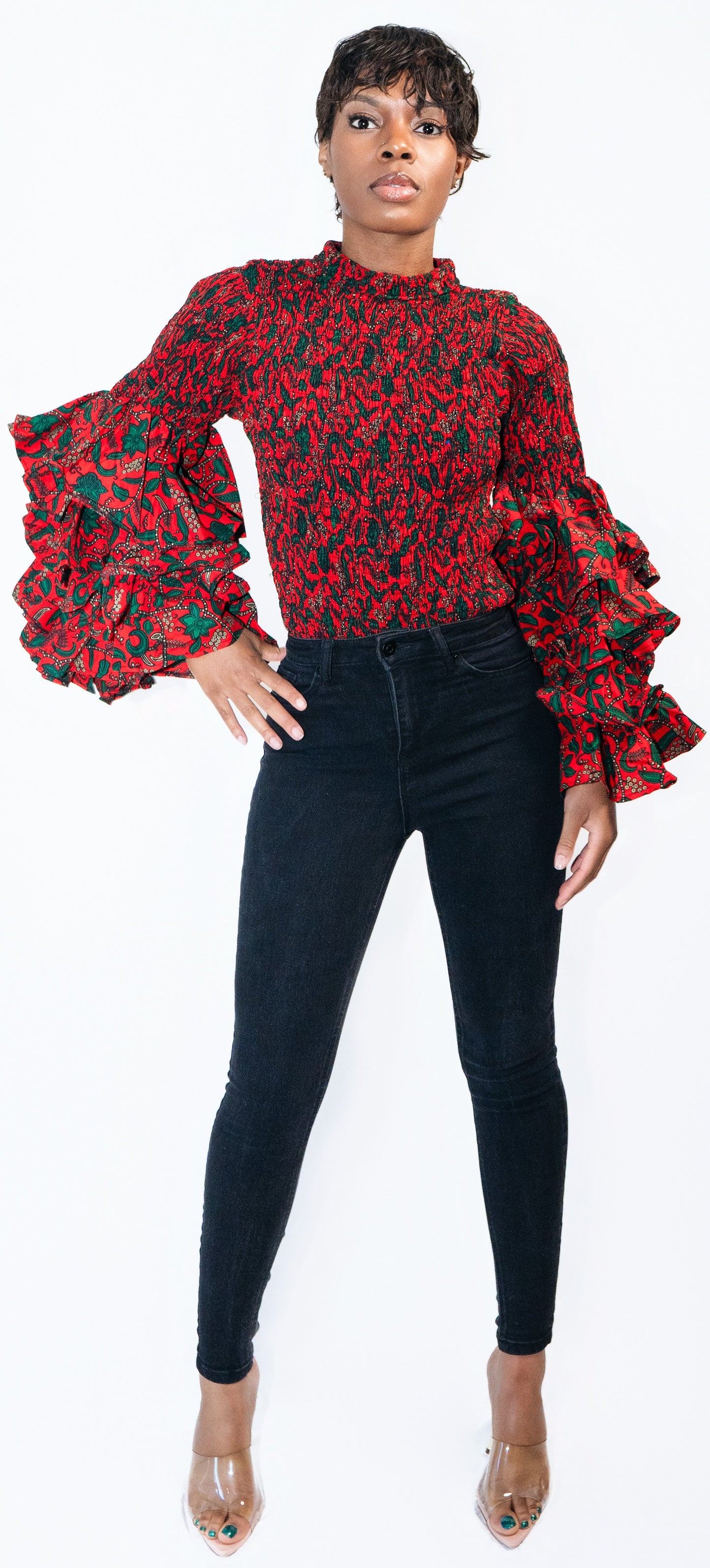 Sisi Bishop Collar Multi-Layer Long Sleeve Ankara African Print Body Suit Top