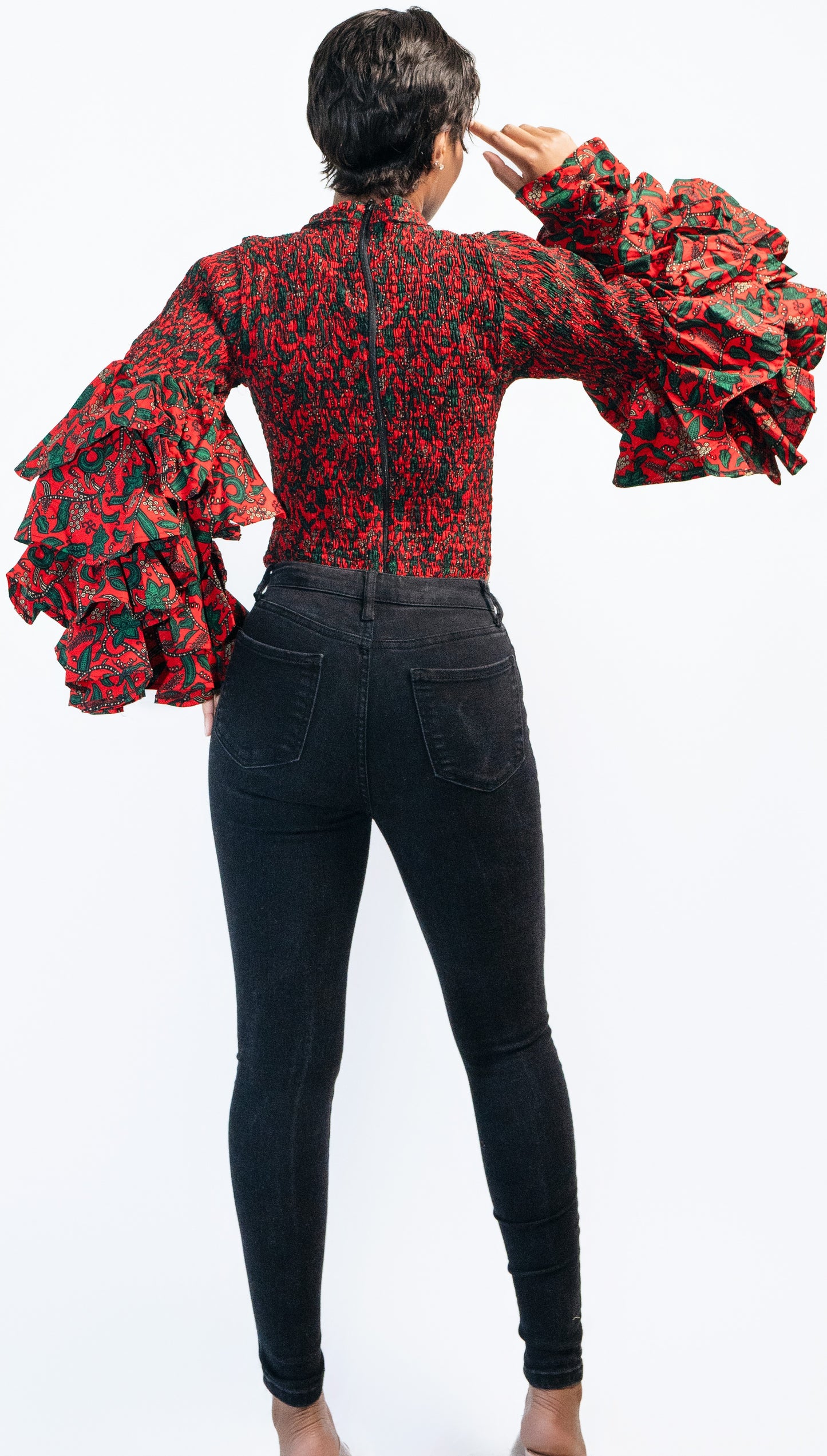 Sisi Bishop Collar Multi-Layer Long Sleeve Ankara African Print Body Suit Top