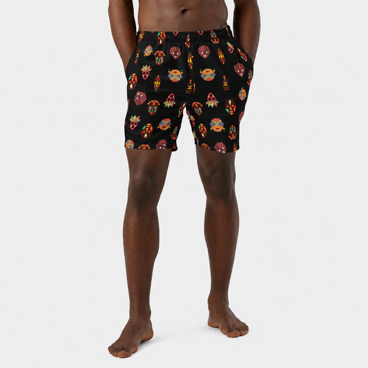 African Print Men's Swim Trunks — Chi Tribal Mask Multi-Face Print Recycled Swimwear