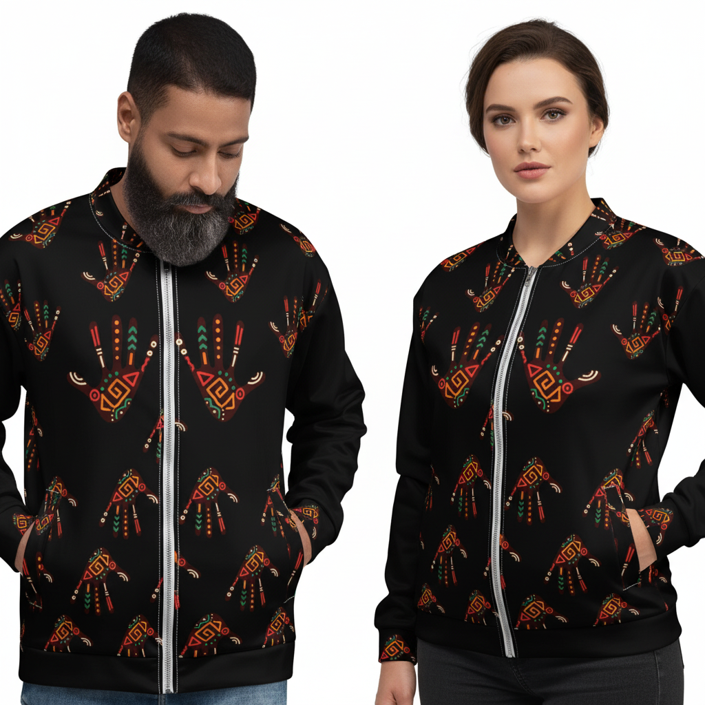 A man and a woman modeling matching black bomber jackets with a colorful geometric and tribal-inspired print in red, orange, green, and yellow, set against a plain white background.