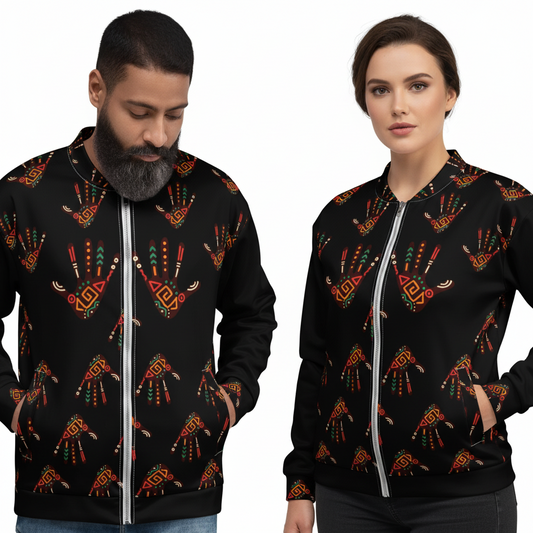 A man and a woman modeling matching black bomber jackets with a colorful geometric and tribal-inspired print in red, orange, green, and yellow, set against a plain white background.