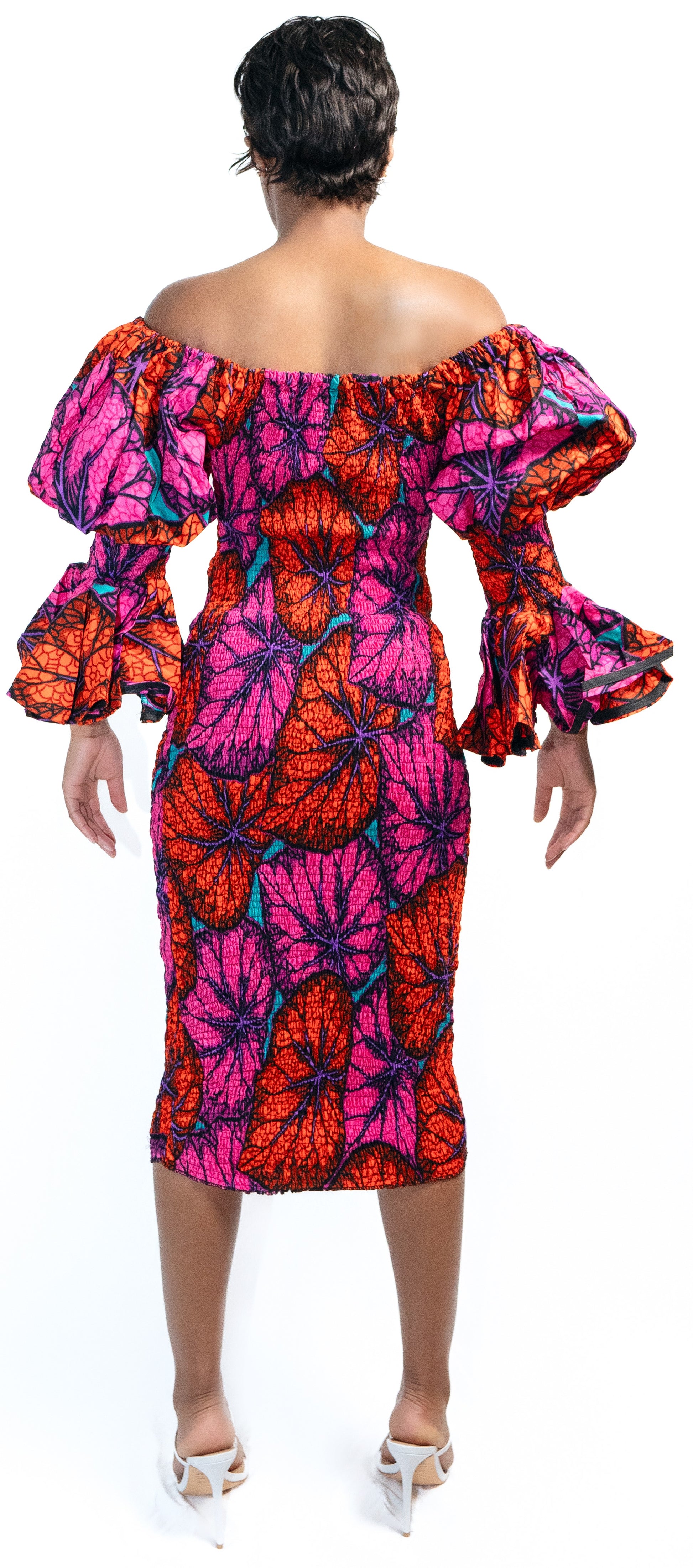 Farida Smocked African Print Off-Shoulder Puff-Sleeve Ankara Cocktail Party Midi Dress