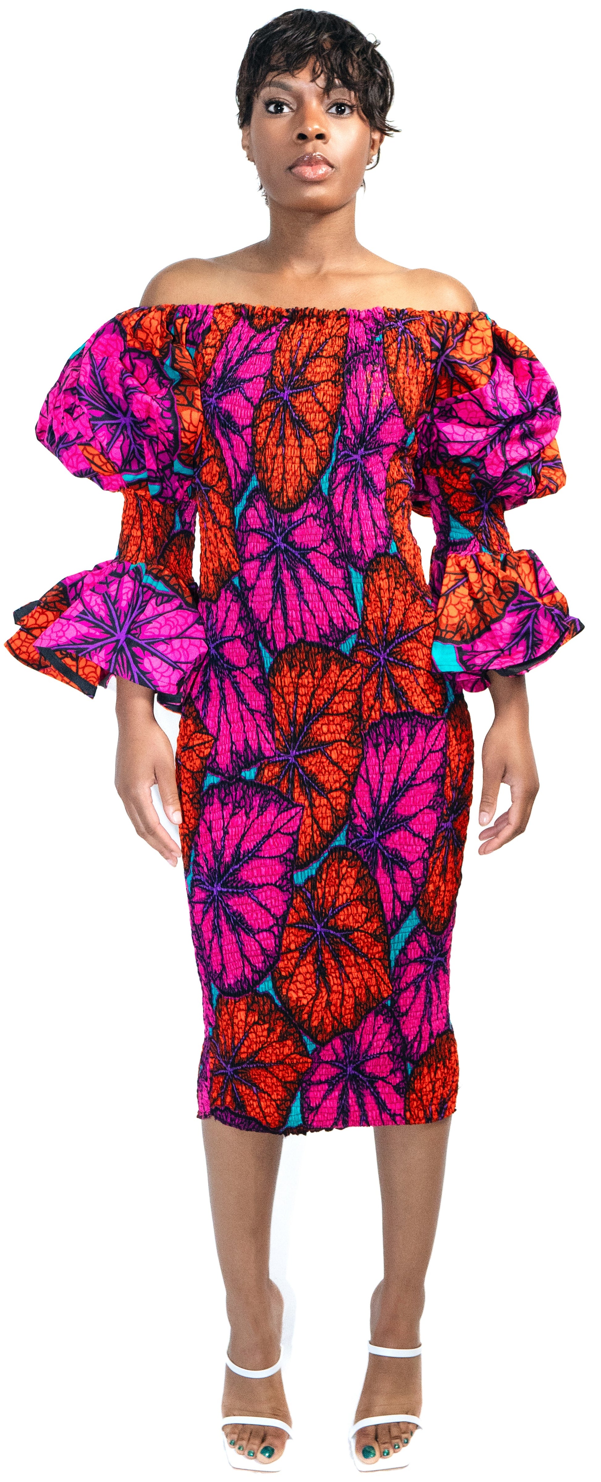 Farida Smocked African Print Off-Shoulder Puff-Sleeve Ankara Cocktail Party Midi Dress M