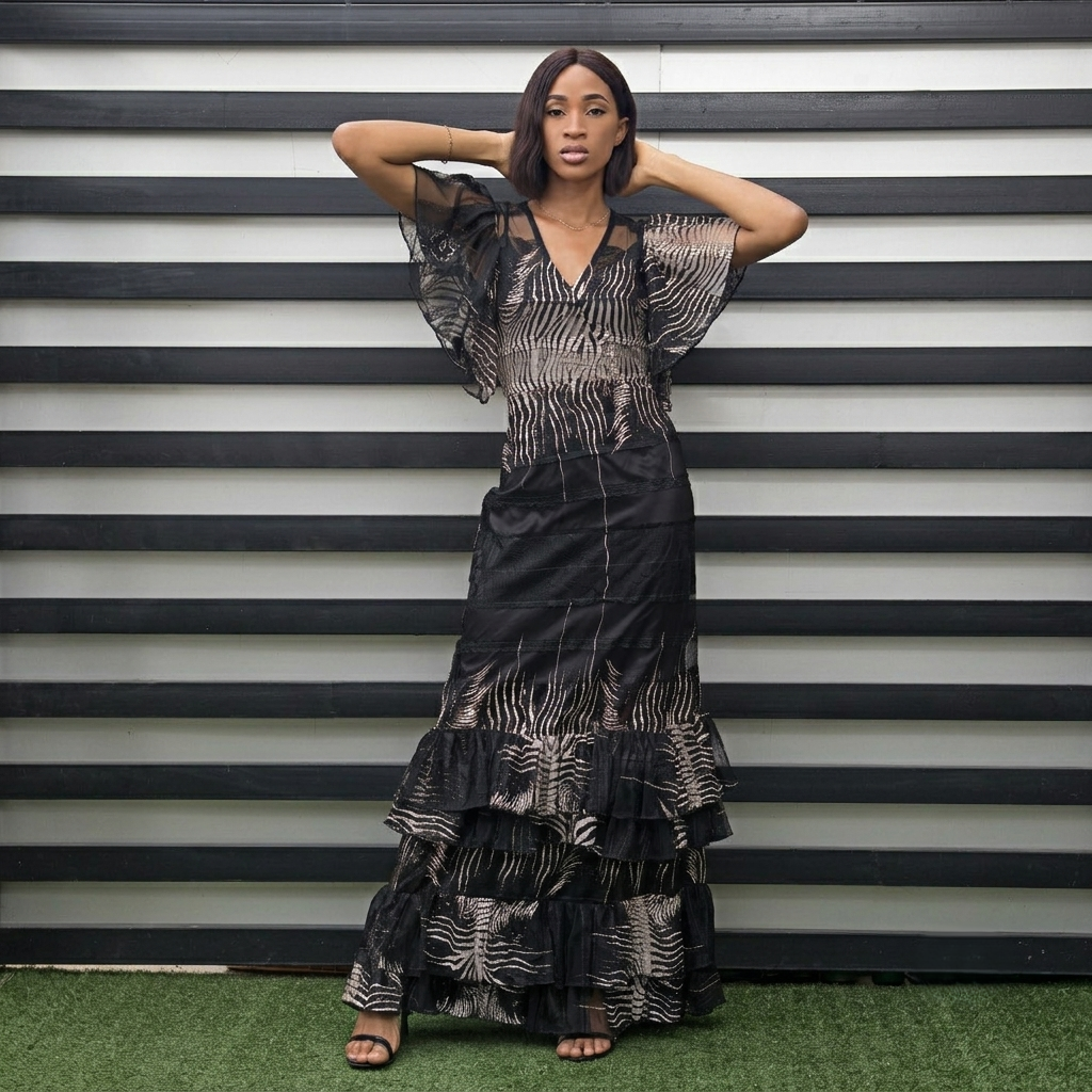 Zainab Maxi Black Lace Flare Sleeve Formal Evening Wedding Party Dress