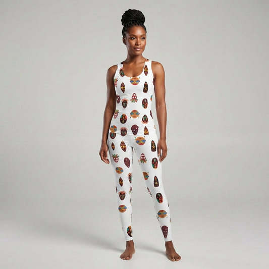 African Print Women's Tank Top: Chi Mask Motif Microfiber 4-Way Stretch Athleisure Top