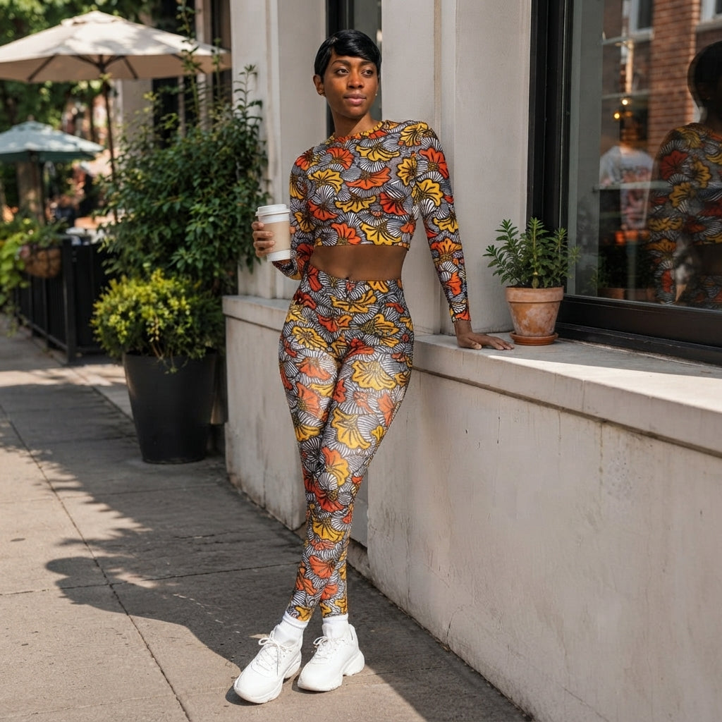African Print Women's Long Sleeve Crop Top: Adun Bloom Recycled UPF50+ Performance Top