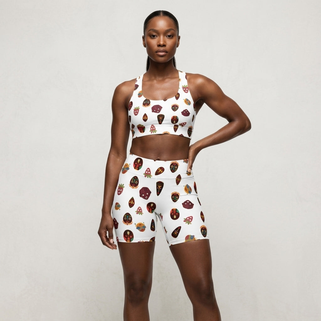 African Print Women's Athletic Shorts, Chi Tribal Mask High Waist Performance Shorts