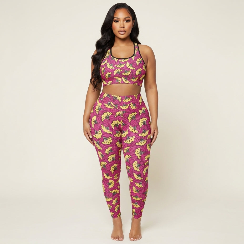 African Print Racerback Sports Bra, Fleur Bloom Moisture-Wicking Performance Bra Top