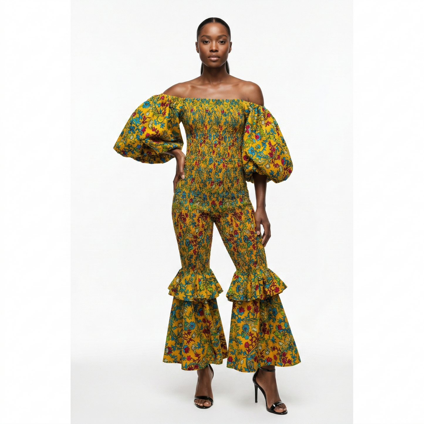 Freda Floral Smocked Bell Bottom Ankara African Print Jumpsuit Dress