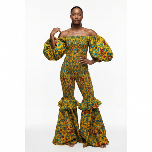 Freda Floral Smocked Bell Bottom Ankara African Print Jumpsuit Dress