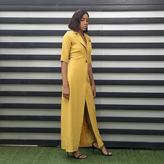 Shuri Mustard Yellow Tuxedo Maxi Dress