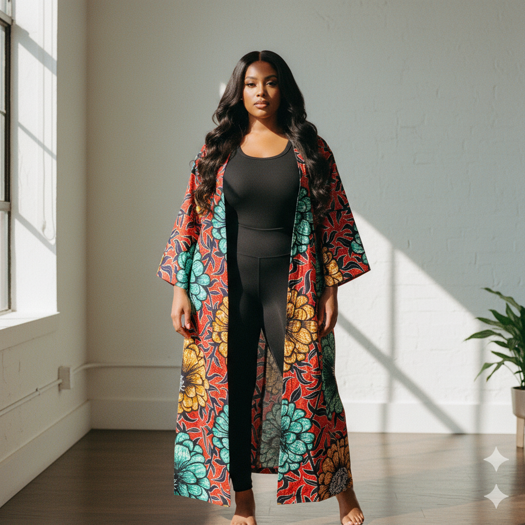 African Print Wax Kimono Duster Coat Floor Length Ankara Kimono  ASAKE-OGE