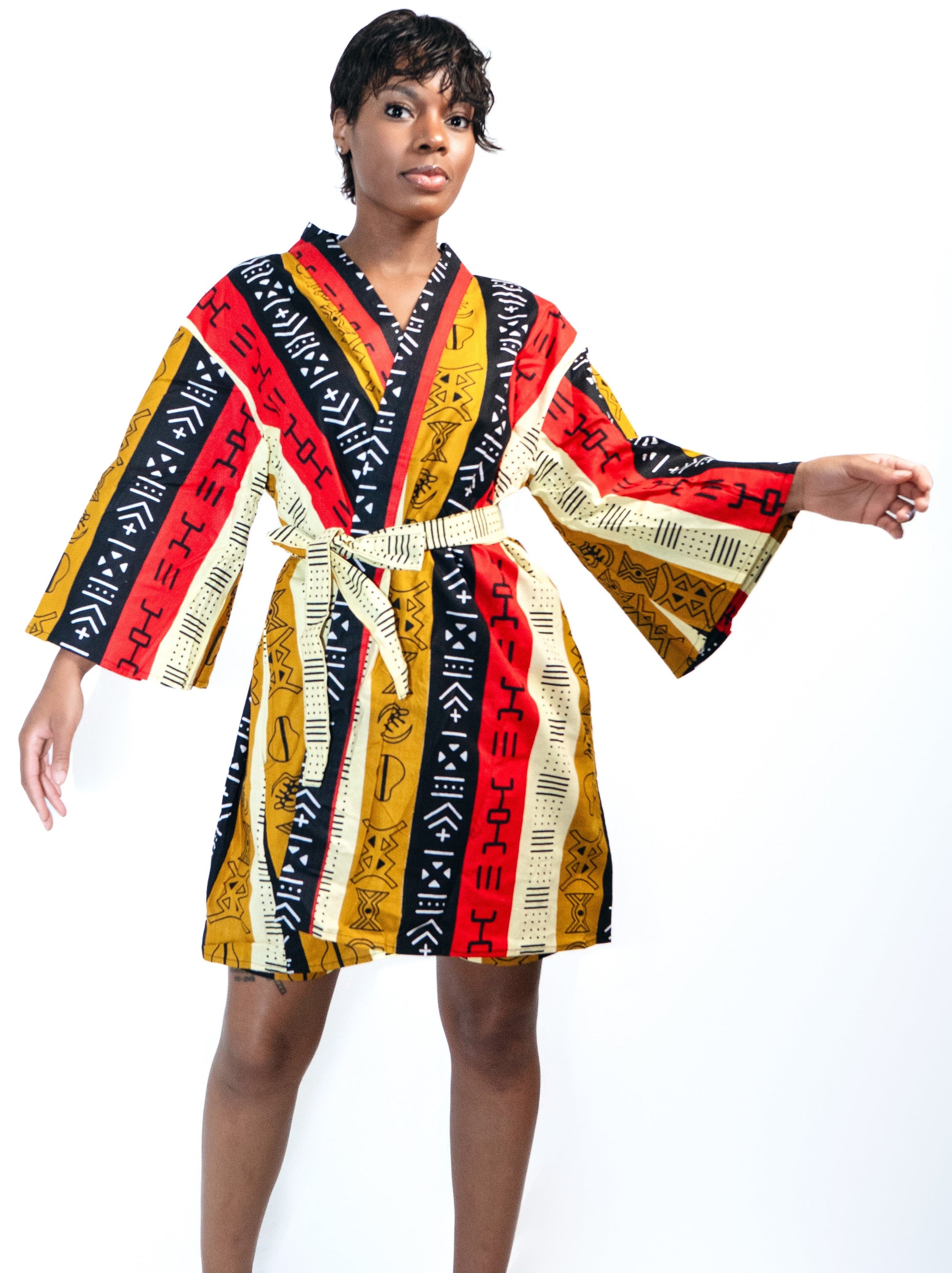 Kavazi Kimono African Print Duster with Shorts & Belt Set
