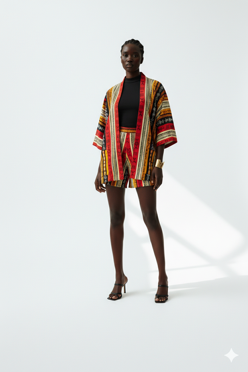 Woman wearing a colorful patterned outfit on a white background