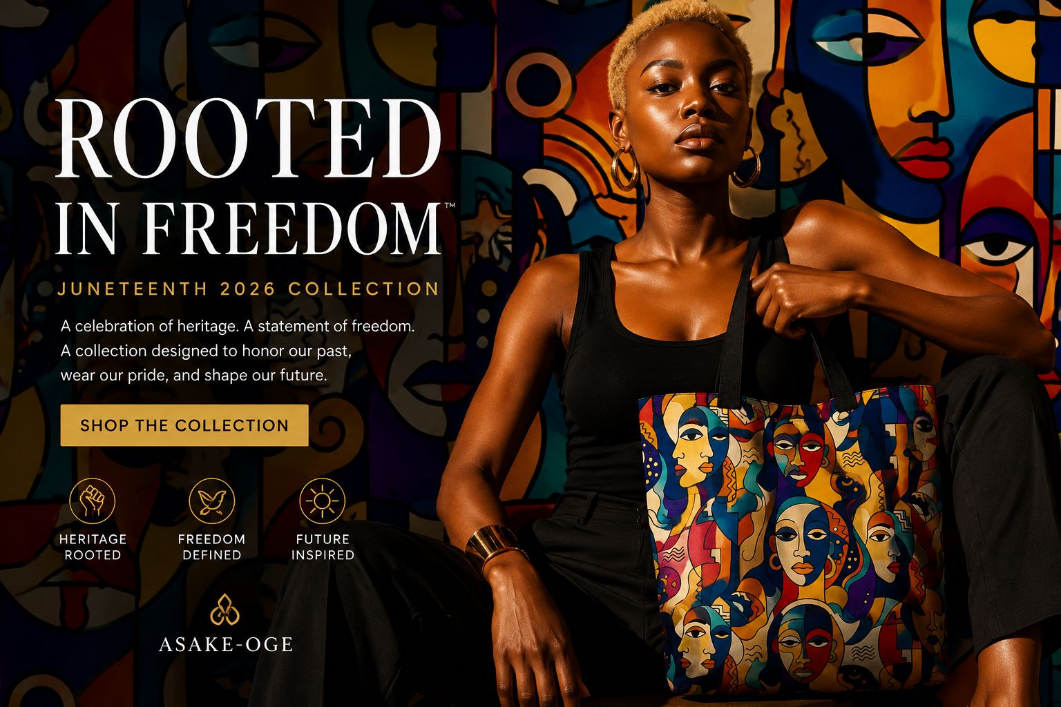 Luxury Juneteenth fashion campaign banner by ASAKE-OGE featuring a dark-skinned Black woman in an all-black outfit holding a colorful African-inspired print tote bag against a bold cubist textile art background for the ROOTED IN FREEDOM 2026 collection.