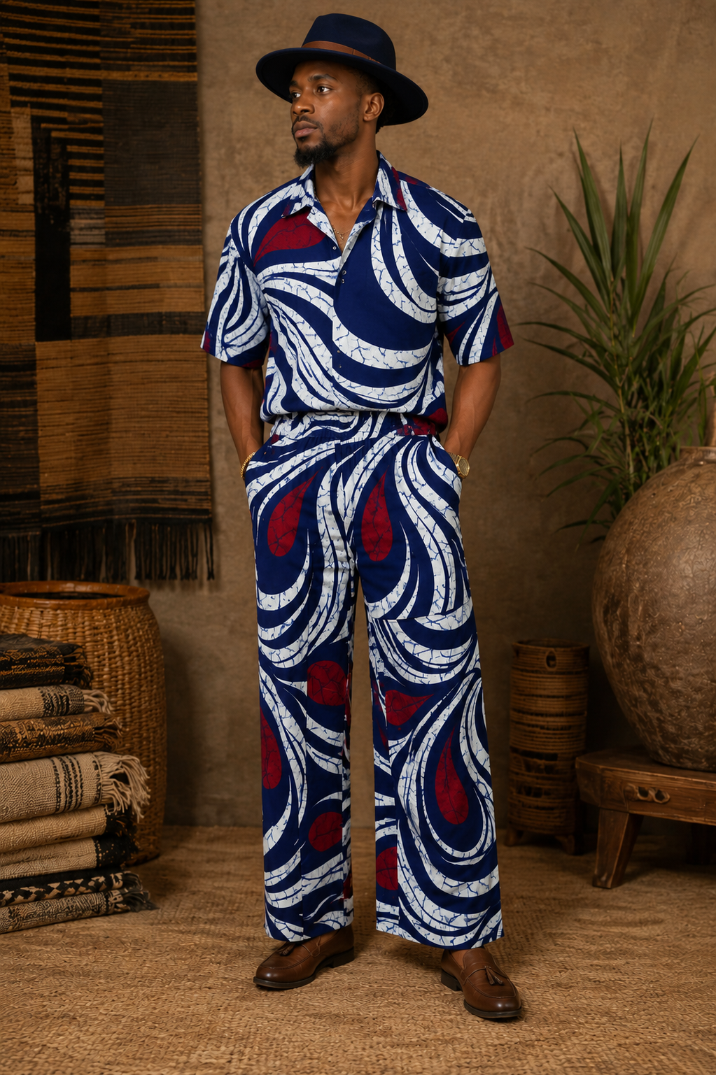 Man wearing ASAKE-OGE blue and red patterned outfit standing in a rustic interior setting.