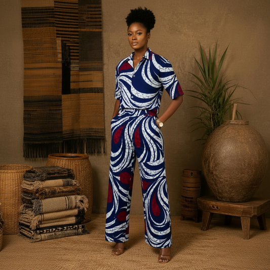 A woman stands in a styled studio setting wearing a short-sleeve OMI_Unisex_African_Print_Pant. The background features woven baskets, a textured wall hanging, a potted plant, and a large ceramic vase.
