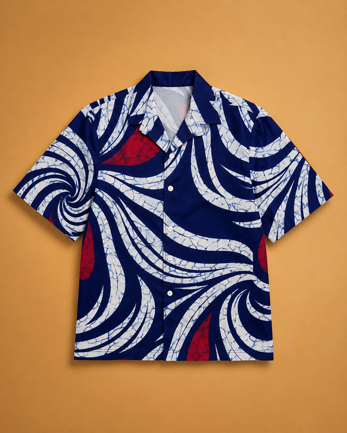 Short-sleeve shirt with a blue, white, and red pattern on a beige background